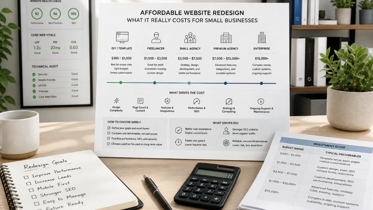 Small business owner reviewing website analytics on a laptop at a desk, planning a website redesign