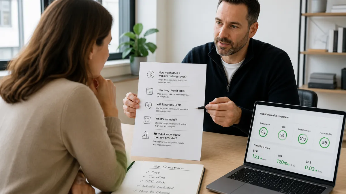 Small business owner reviewing website redesign service options on a laptop at a desk, comparing provider checklists