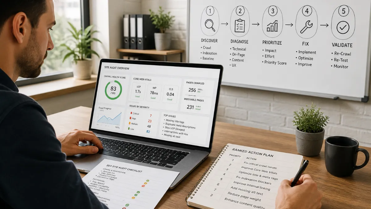 Small business owner reviewing a technical SEO site audit checklist on a laptop at a desk, with charts and crawl data visible on screen