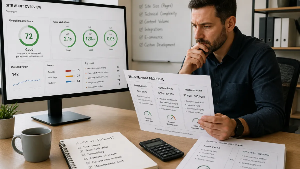 A small business owner reviewing an SEO site audit cost breakdown on a laptop, with pricing tiers and a checklist visible on screen