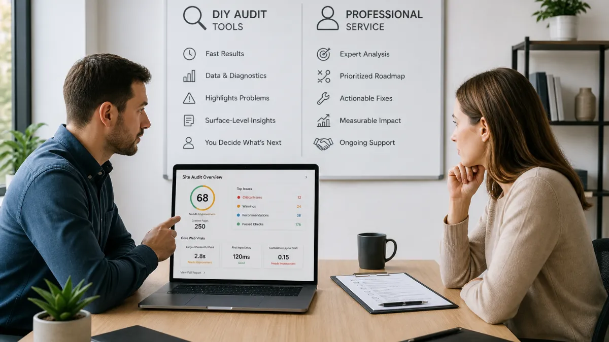 Side-by-side comparison of an automated SEO audit tool dashboard on a laptop screen versus a professional consultant reviewing a prioritized audit report on paper