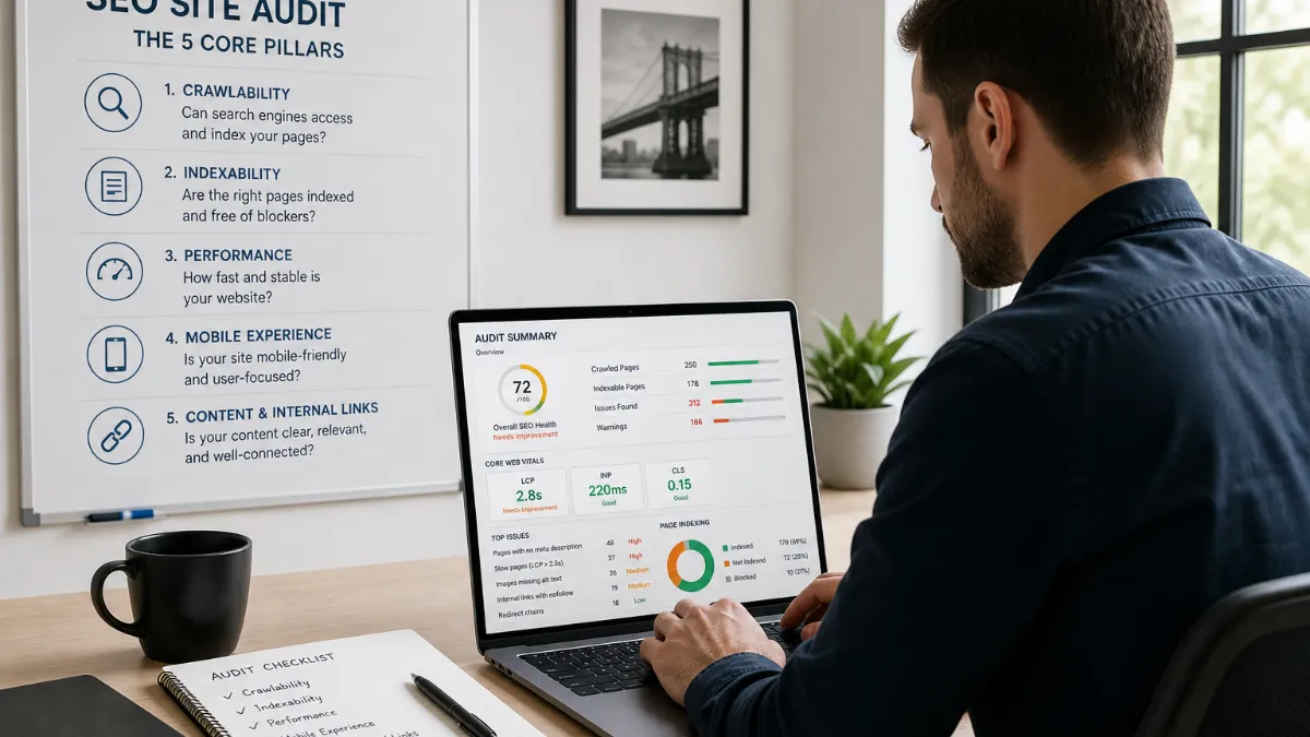 Small business owner reviewing an SEO site audit report on a laptop, with charts showing crawl errors and Core Web Vitals scores