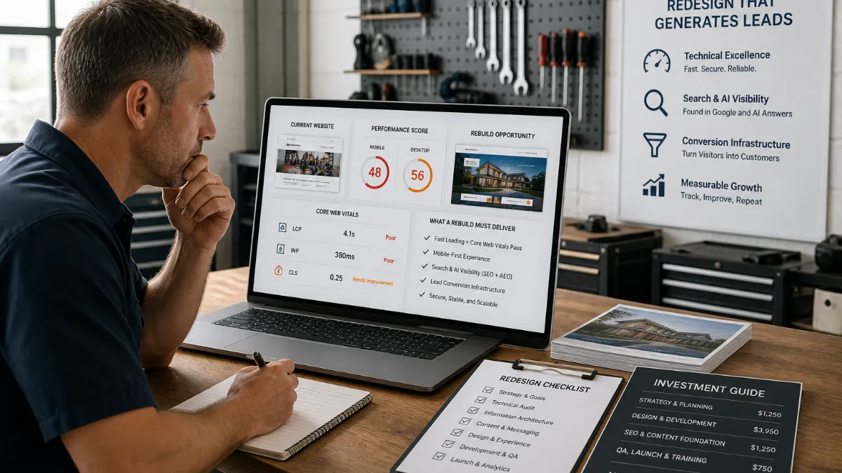 A local service business owner reviewing a before-and-after comparison of their website on a laptop, showing improved layout, speed metrics, and search rankings