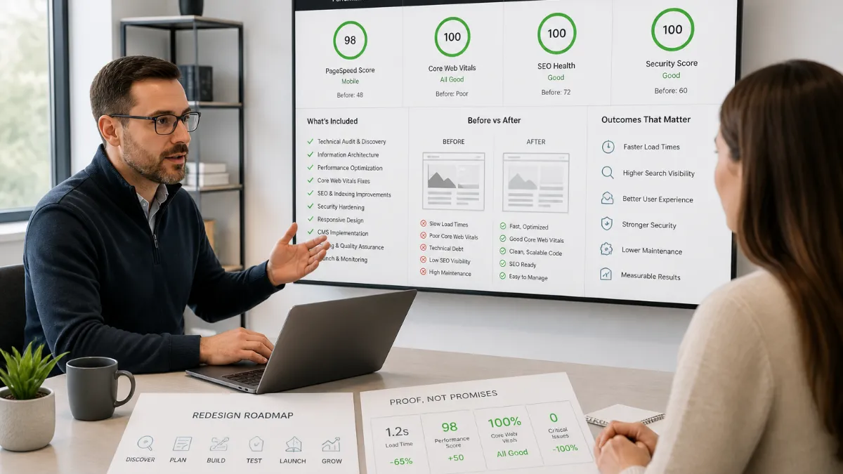 A small business owner reviewing a before-and-after comparison of their website on a laptop, showing improved layout, speed scores, and search visibility metrics